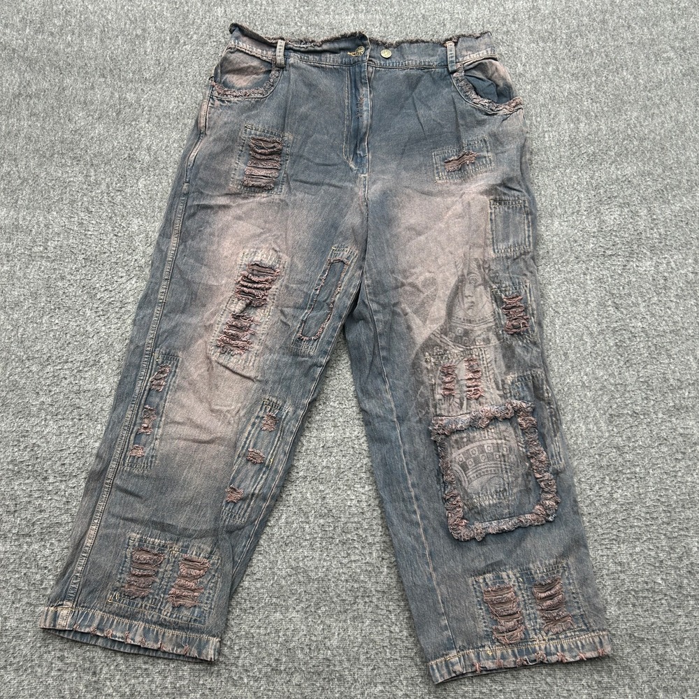 Paper Lace High Waist Tattered Baggy Crop Jeans Size 33 Boho Cottage Grunge